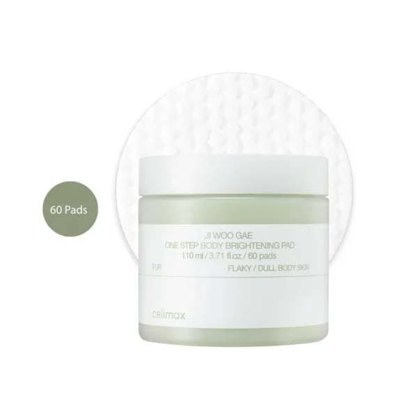 Celimax Ji Woo Gae Body Brightening Pad tub with a white textured cotton pad behind it.