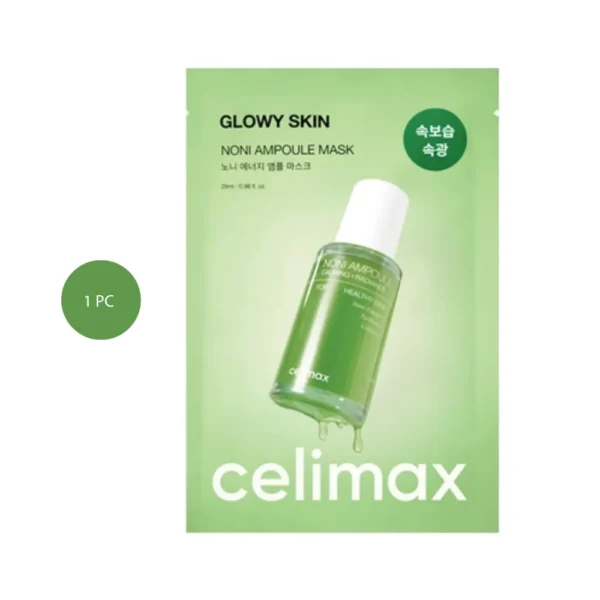 Celimax Noni Energy Ampoule Mask sheet packaging featuring a green ampoule bottle graphic.