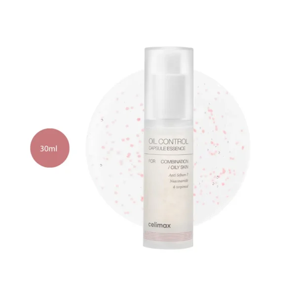 Celimax Oil Control Capsule Essence 30ml pump bottle with pink gel texture swatched behind it.