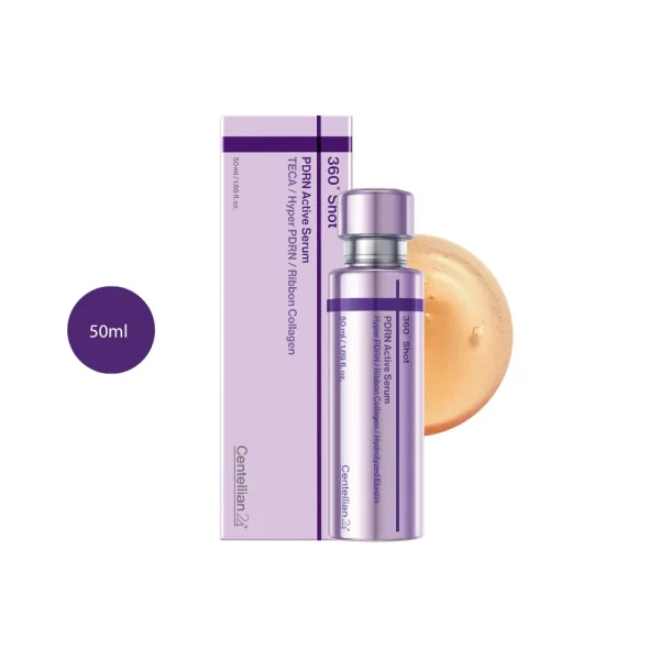 Centellian24+ 360º Shot PDRN Active Serum 50ml purple bottle and box on a peach serum backdrop.