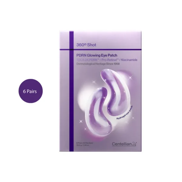 Centellian24+ 360º Shot PDRN Glowing Eye Patch box, featuring purple hydrogel patches.