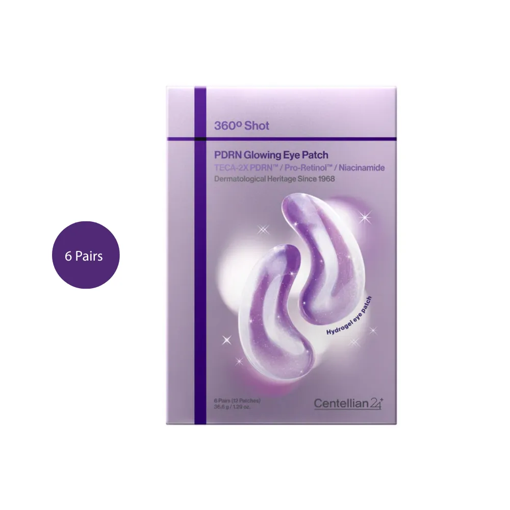 Centellian24+ 360º Shot PDRN Glowing Eye Patch (6 pairs) Centellian24+ 360º Shot PDRN Glowing Eye Patch box, featuring purple hydrogel patches.