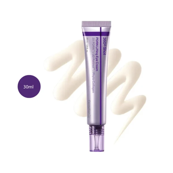 Centellian24+ 360º Shot PDRN Lifting Eye Cream 30ml tube with a wavy streak of its creamy texture.