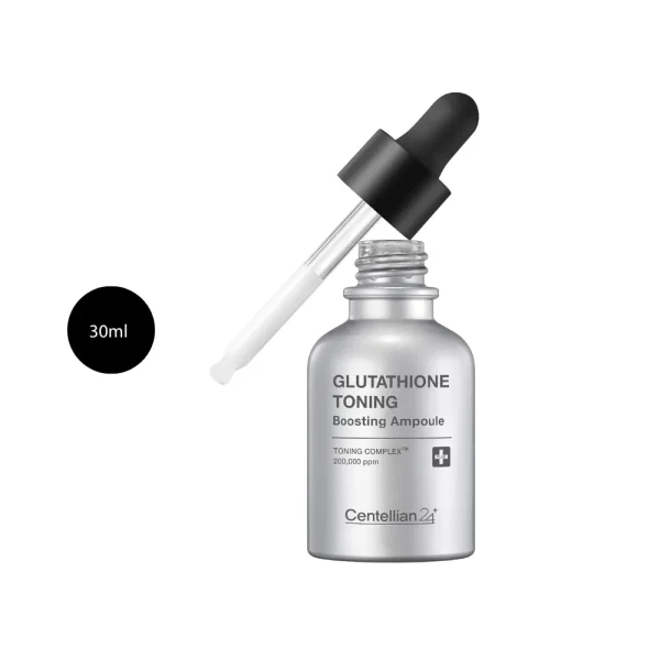 Centellian24+ Glutathione Toning Boosting Ampoule 30ml silver dropper bottle on a white background.