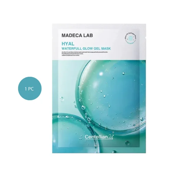 Centellian24+ Madeca Lab Hyal Waterfull Glow Gel Mask sheet packaging with blue water bubbles.