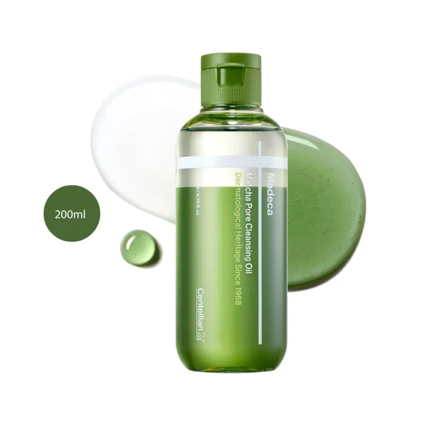 Centellian24+ Madeca Matcha Pore Cleansing Oil 200ml green bottle on green backdrop.
