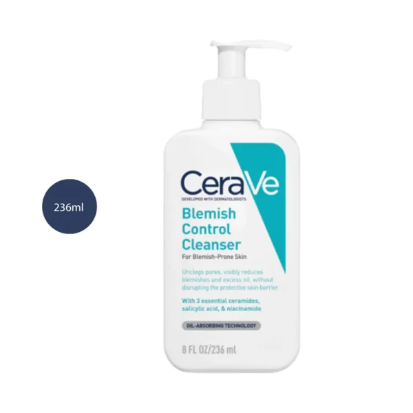 CeraVe Blemish Control Cleanser 236ml white bottle with a white pump against a white background.