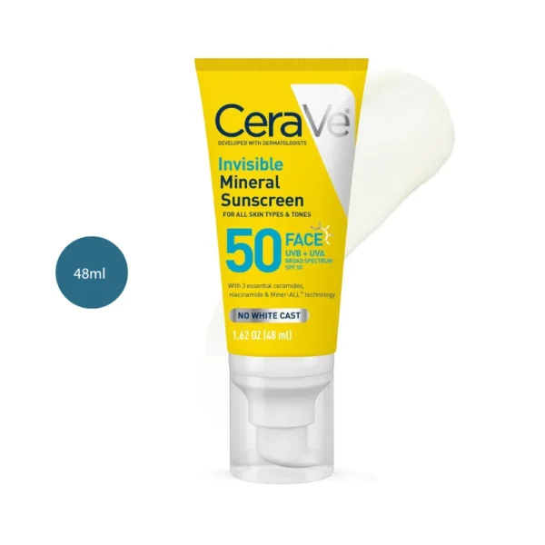 CeraVe Invisible Mineral Sunscreen SPF 50 48ml yellow-white tube with cream swatch.