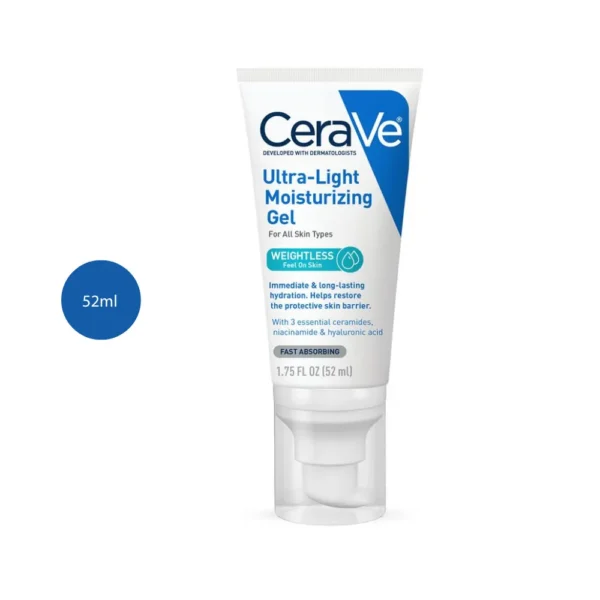 CeraVe Ultra-Light Moisturizing Gel 52ml white squeeze tube with a clear plastic pump cap.