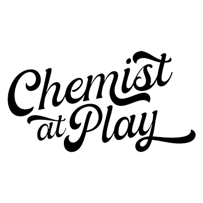 Chemist at Play logo featuring black, stylized cursive typography on a solid white background.
