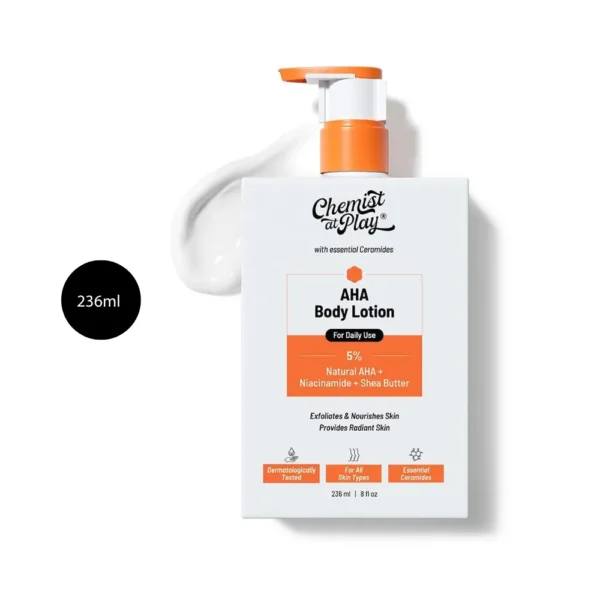 Chemist at Play 5% AHA Body Lotion 236ml white bottle with orange pump and cream smear.