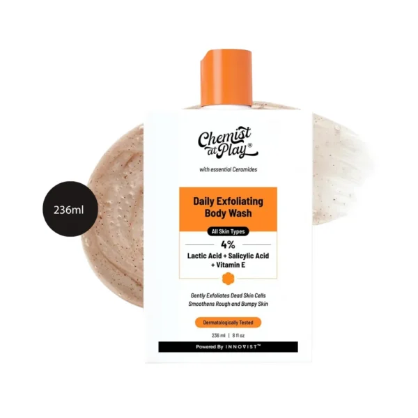 Chemist at Play Exfoliating Body Wash with Lactic Acid 236ml white bottle with orange cap.