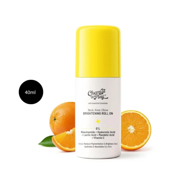 Chemist at Play Neck Knee Elbow Brightening Roll On 40ml bottle with yellow cap.