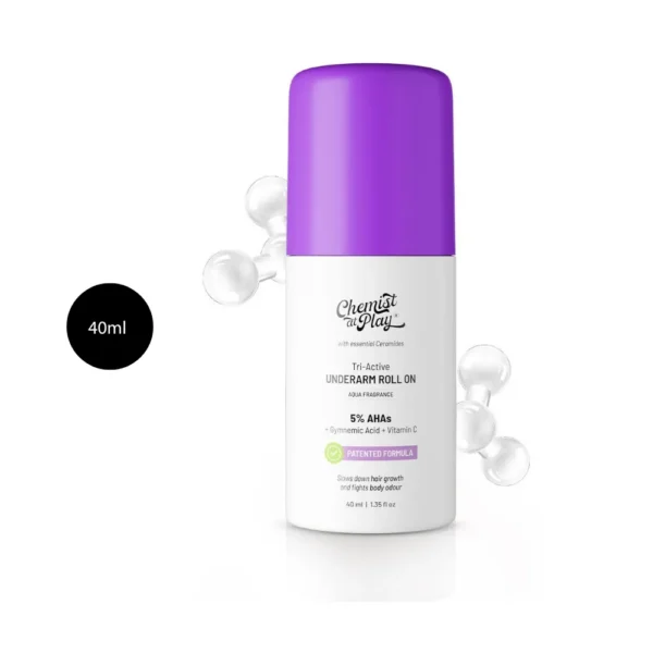 Chemist at Play Tri-Active Underarm Roll On 40ml with purple cap on white background.