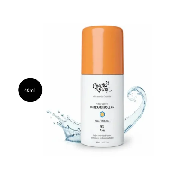Chemist at Play UnderArm Roll-On with 5% AHA 40ml bottle with orange cap.