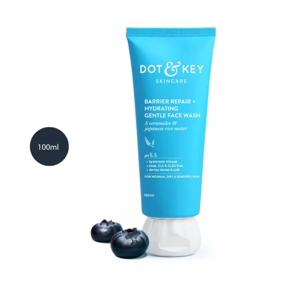 DOT & KEY Barrier Repair + Hydrating Gentle Face Wash 100ml blue tube next to blueberries.