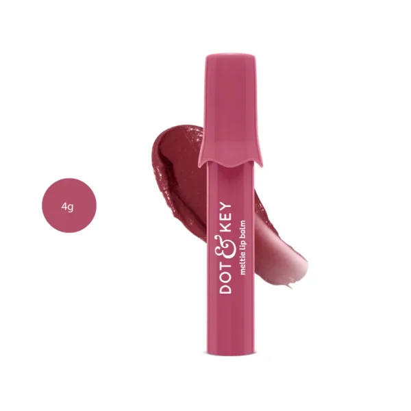 Dot & Key Meltie Lip Balm SPF 50+ #Berry Crumble mauve tube with berry gloss swatch.