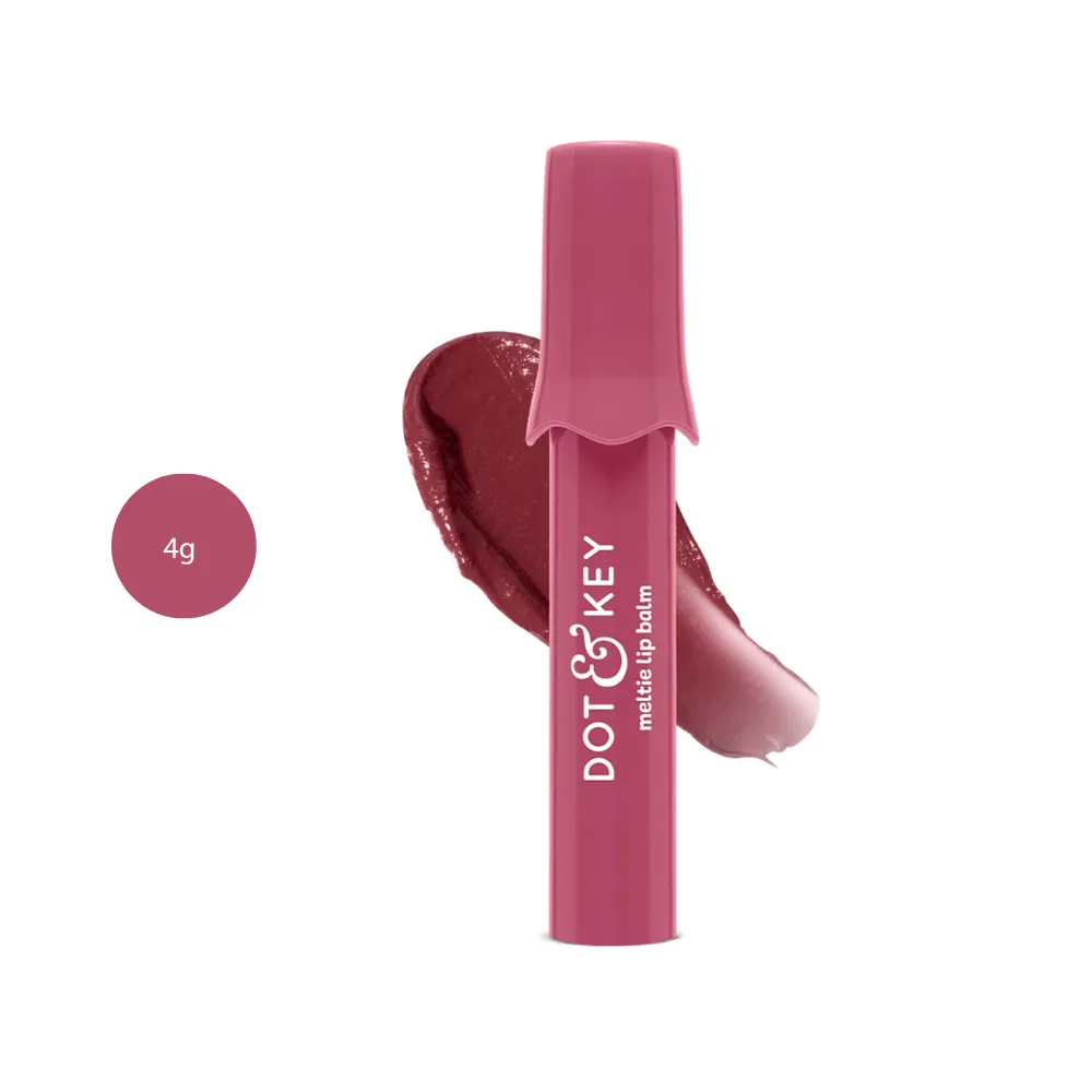 DOT & KEY Meltie Lip Balm SPF 50+ #Berry Crumble (4g) Dot & Key Meltie Lip Balm SPF 50+ #Berry Crumble mauve tube with berry gloss swatch.