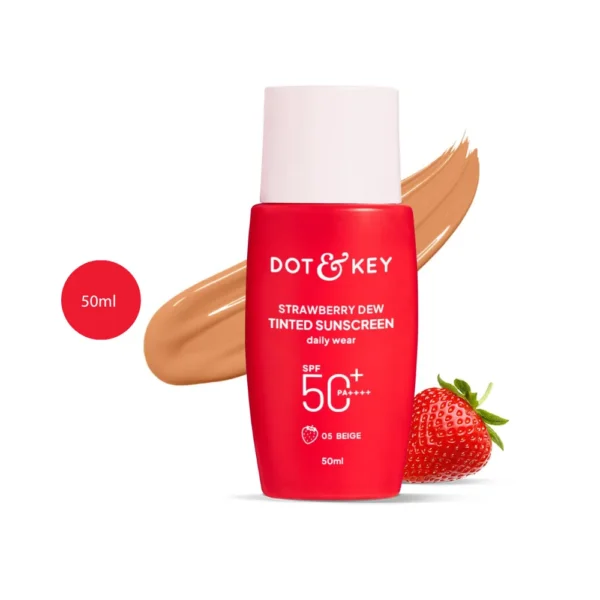 DOT & KEY Strawberry Dew Tinted Sunscreen Beige red bottle with beige swatch.