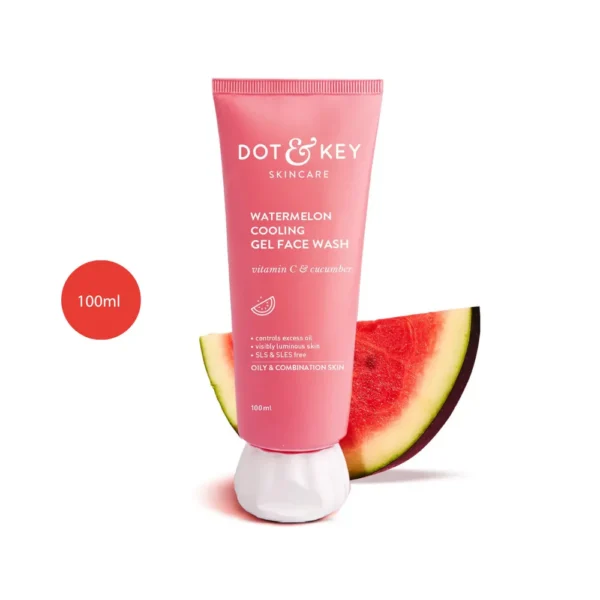 DOT & KEY Watermelon Cooling Gel Face Wash 100ml tube next to a watermelon slice.
