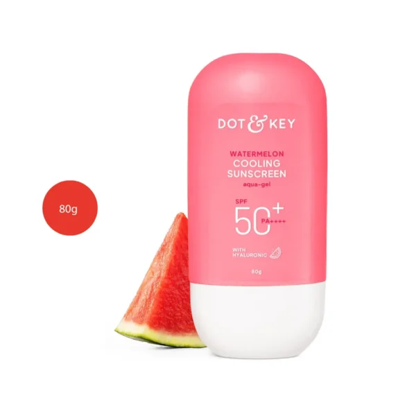 DOT & KEY Watermelon Cooling Sunscreen 80g bottle next to a watermelon slice.