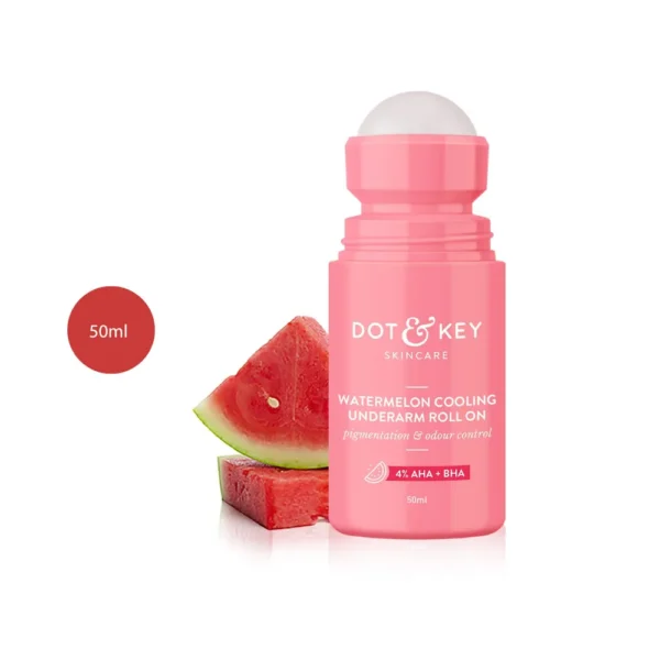 DOT & KEY Watermelon Cooling Underarm Roll On 50ml pink bottle next to watermelon slices.