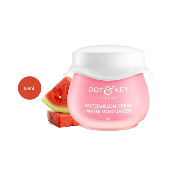 DOT & KEY Watermelon Fresh Matte Moisturizer 60ml pink jar next to watermelon slices.