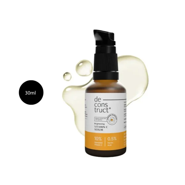 Deconstruct 10% Vitamin C Serum 30ml amber pump bottle against a yellow serum swipe background.