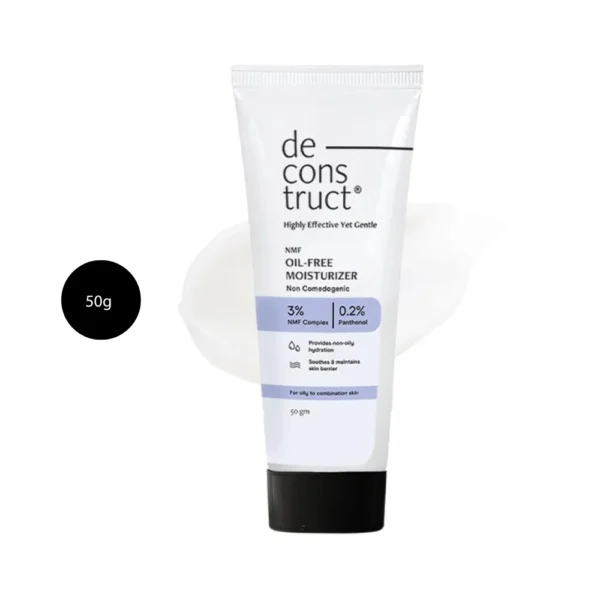 Deconstruct Oil-Free Moisturizer 50g tube with a black cap against a white cream swipe background.