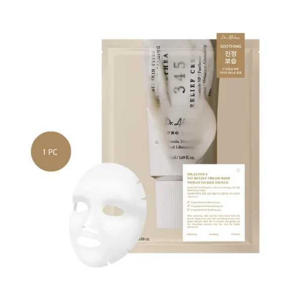 Dr. Althea 345 Relief Cream Mask sheet pack with a white sheet mask graphic in front.