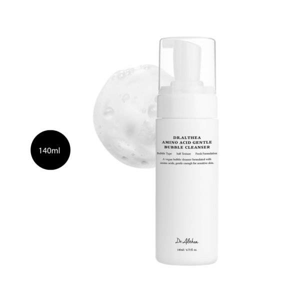 Dr. Althea Amino Acid Gentle Bubble Cleanser 140ml foam pump bottle with lather swatch.