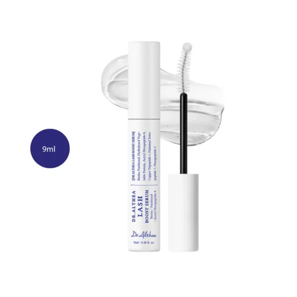 Dr. Althea Lash Boost Serum 9ml tube with applicator wand over clear gel swipe.