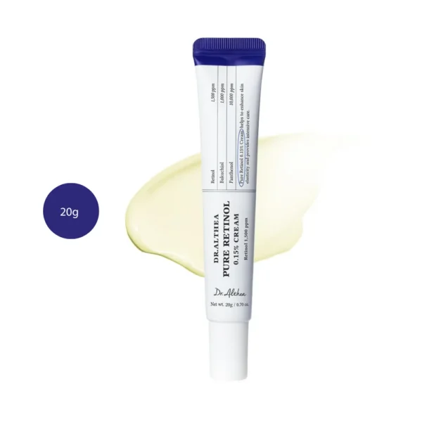 Dr. Althea Pure Retinol 0.15% Cream 20g white tube over a pale yellow cream swatch.