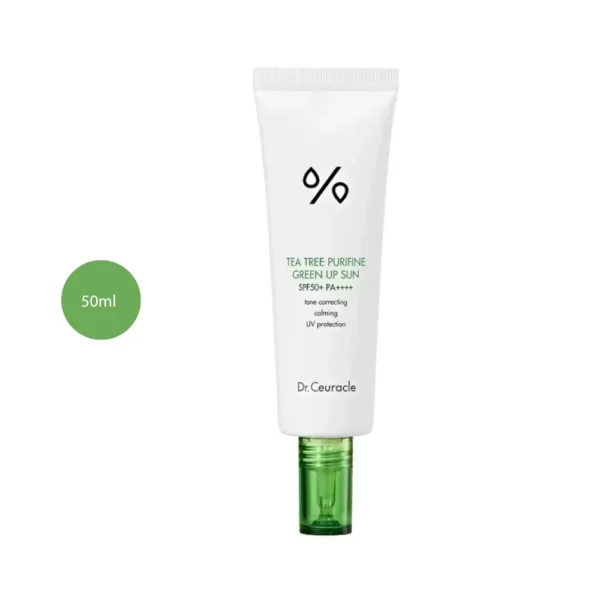 Dr. Ceuracle Tea Tree Purifine Green Up Sun 50ml white tube with green cap.