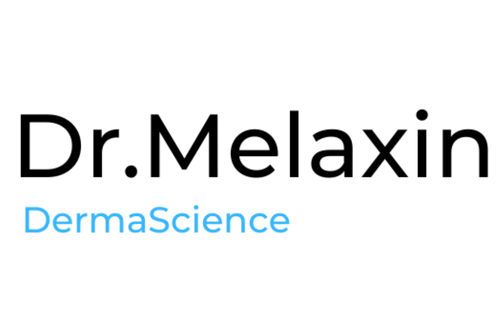 Dr. Melaxin DermaScience logo with black and blue typography on white background.
