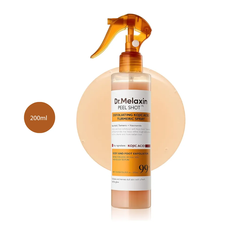 Dr. Melaxin Peel Shot Exfoliating Kojic Acid Turmeric Spray (200ml) Dr. Melaxin Peel Shot Exfoliating Kojic Acid Turmeric Spray 200ml orange spray bottle.