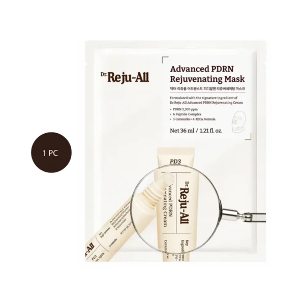 Dr. Reju-All Advanced PDRN Rejuvenating Mask sheet pack featuring a cream tube graphic.