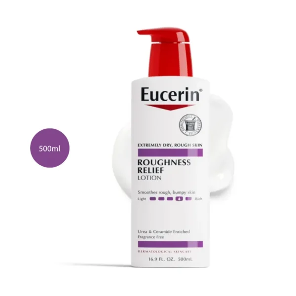 Eucerin Roughness Relief Lotion 500ml white pump bottle with red pump and lotion swipe.