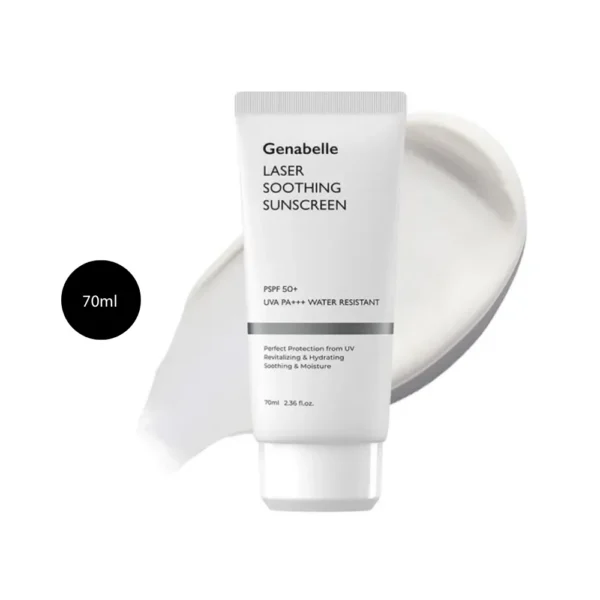 Genabelle Laser Soothing Sunscreen 70ml tube with smooth white cream texture accents.
