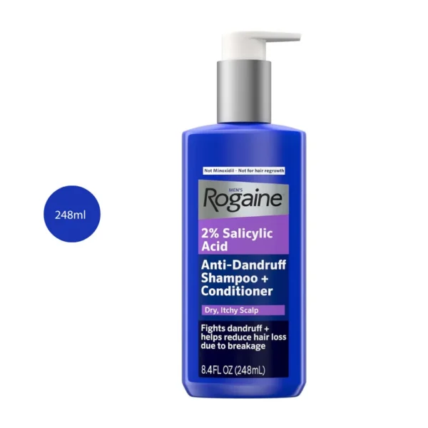 Men's Rogaine 2% Salicylic Acid Anti-Dandruff Shampoo + Conditioner 248ml blue pump bottle.