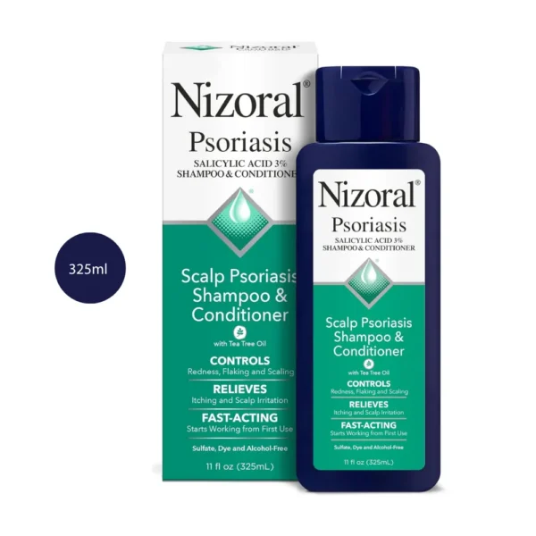 Nizoral Psoriasis Shampoo & Conditioner 325ml bottle with retail box on white background.
