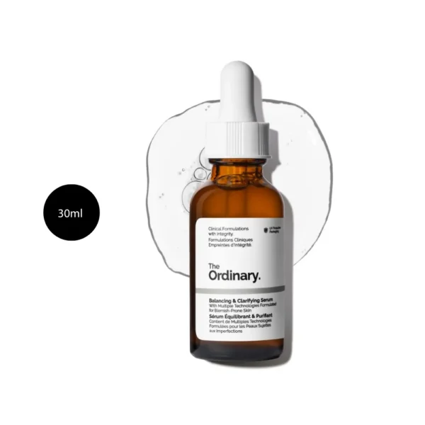 The Ordinary Balancing & Clarifying Serum 30ml amber dropper bottle against a clear serum splash.