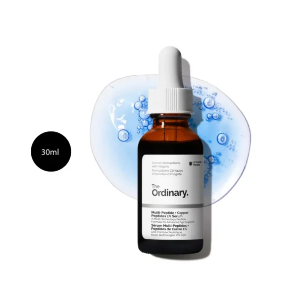 The Ordinary Multi-Peptide + Copper Peptides 1% Serum 30ml amber bottle on blue splash.