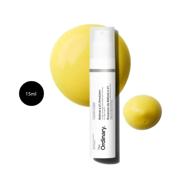 The Ordinary Retinal 0.2% Emulsion 15ml white pump bottle with yellow emulsion dollops.