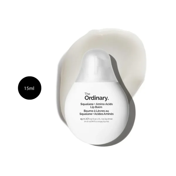 The Ordinary Squalane + Amino Acids Lip Balm 15ml teardrop tube against a white balm swipe.