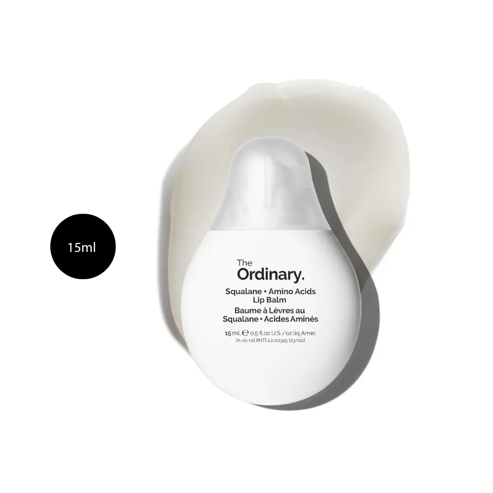 The Ordinary Squalane + Amino Acids Lip Balm (15ml) The Ordinary Squalane + Amino Acids Lip Balm 15ml teardrop tube against a white balm swipe.