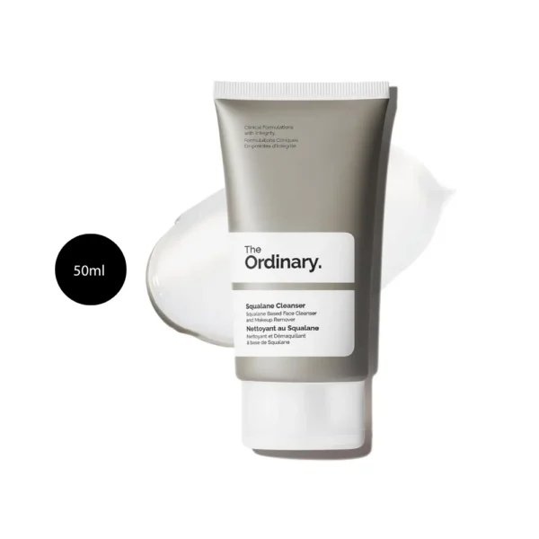 The Ordinary Squalane Cleanser 50ml grey squeeze tube against a translucent gel swipe.