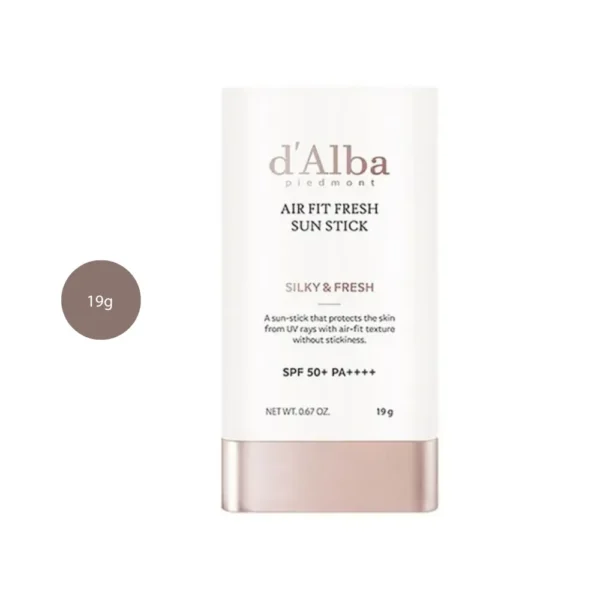 d'Alba Air Fit Fresh Sun Stick 19g container with a metallic rose gold base.