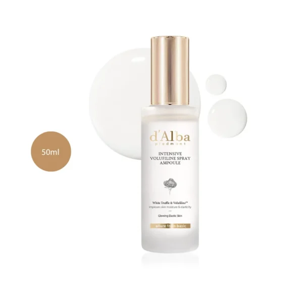 d'Alba Intensive Volufiline Spray Ampoule 50ml bottle with milky fluid background.