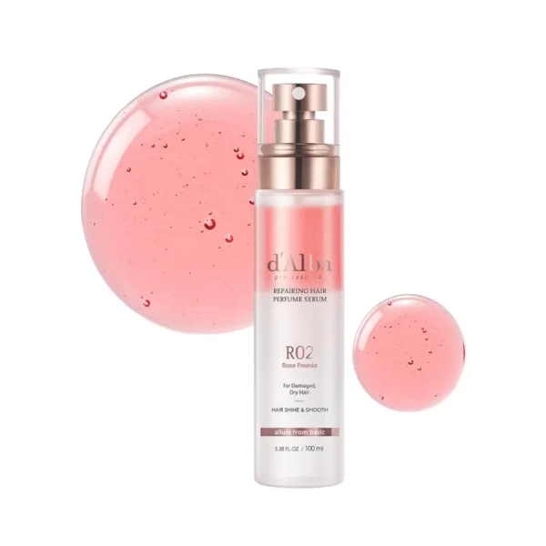 d'Alba Professional Repairing Hair Perfume Serum with pink fluid accents.